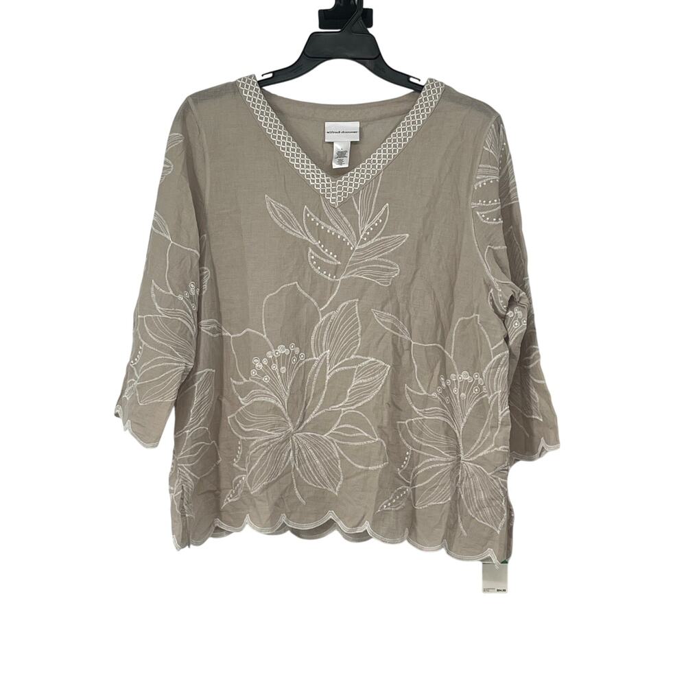 NWT Alfred Dunner 100% Cotton Beige Embroidered Tunic Top Boho Peasant Lagenlook